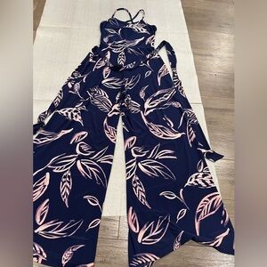 [XS]Tori Richards Honululu Navy and Pink Leaf Print Avery Wide Leg Jumpsuit